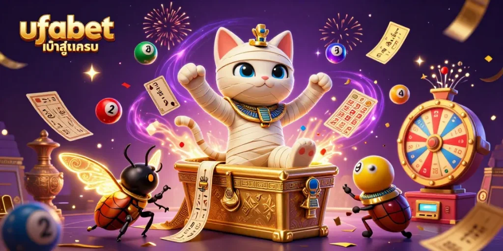 Engage with ufabet เข้าสู่ระบบ in a vibrant casino scene featuring dynamic lottery elements and joyful characters.