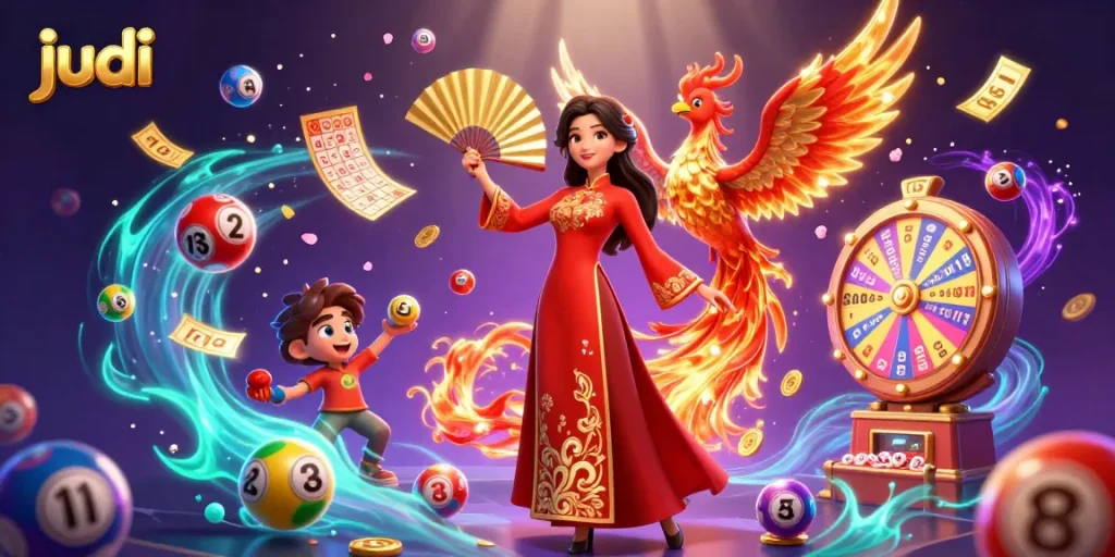 judi players enjoying vibrant games with a beautiful woman and phoenix in a dynamic casino scene