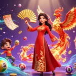 judi players enjoying vibrant games with a beautiful woman and phoenix in a dynamic casino scene