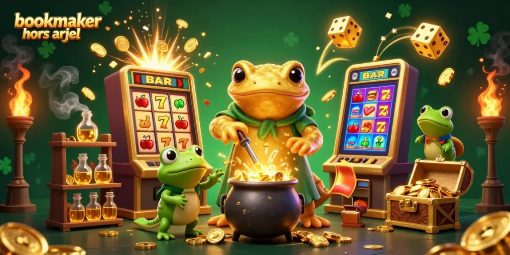 Pariez sur un bookmaker hors ARJEL avec des cagnottes en or et des symboles de fortune tout autour.