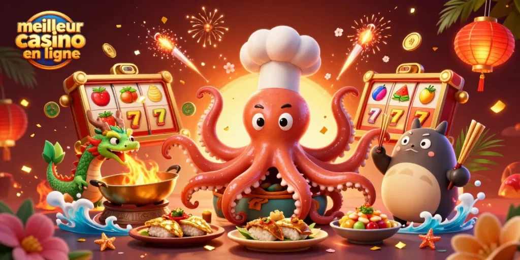 Découvrez le meilleur casino en ligne grâce à notre illustration captivante de personnages ludiques et d'éléments de jeu.