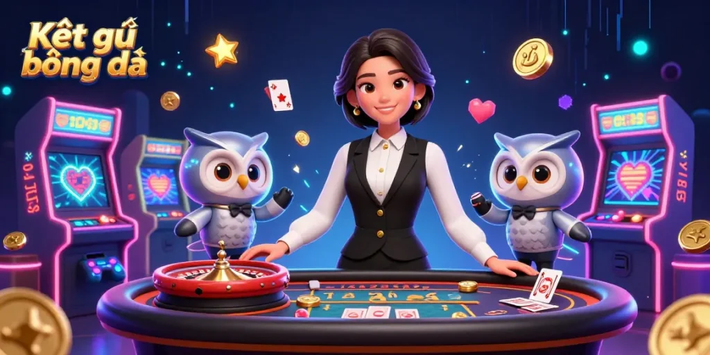Experience Kết quả bóng đá with engaging table games featuring a charming dealer scene.