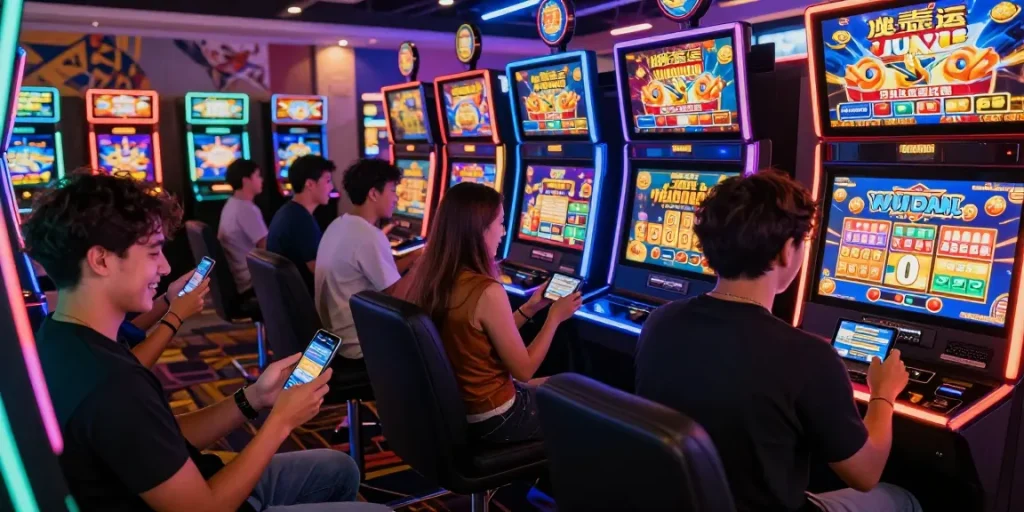 Engaging players enjoying slot games on a platform offering deposit pulsa tanpa potongan with zero fees.