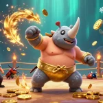 Witness the excitement of bitcoin jackpot slots with a sumo beetle champion and dynamic casino elements.