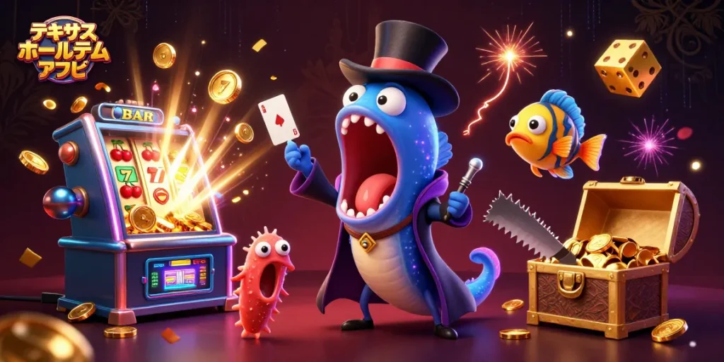 テキサスホールデム アプリを使って、魅力的なカードトリックを披露する光る深海魚たちのイラスト。