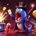 テキサスホールデム アプリを使って、魅力的なカードトリックを披露する光る深海魚たちのイラスト。