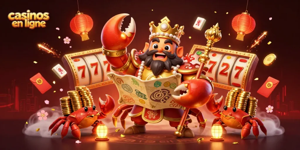 Jouez aux casinos en ligne avec cette illustration dynamique d'un crabe roi et ses serviteurs.