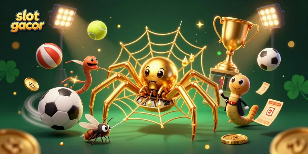 Experience slot gacor excitement with a 3D golden spider and a betting fly at the casino.