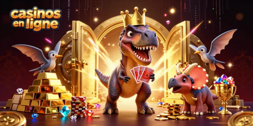 Jouez aux casinos en ligne avec un T-Rex qui tente de mélanger des cartes aux côtés d'amis préhistoriques.