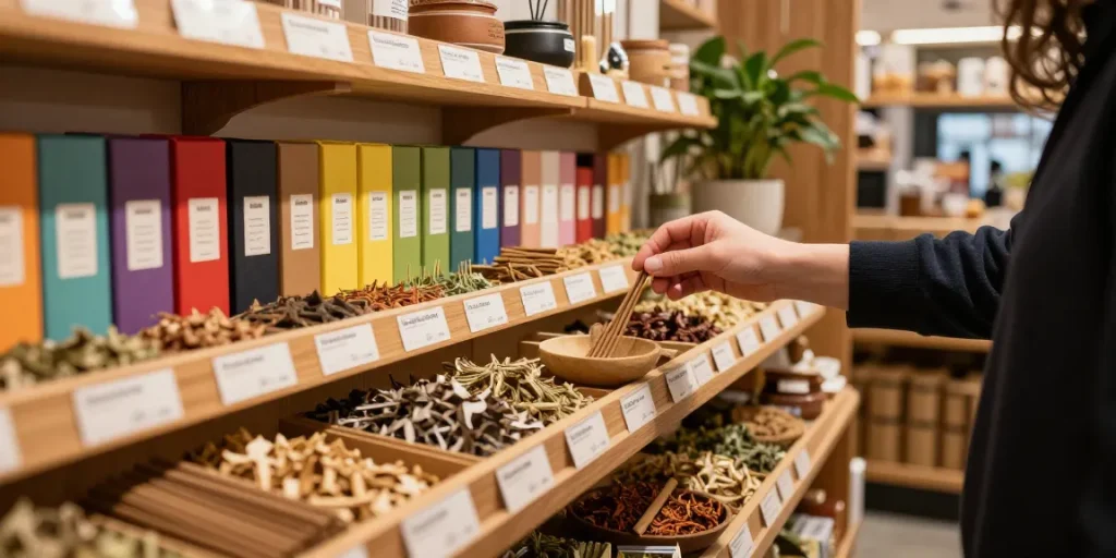 Exploring mad-hatter-incense at a cozy herbal shop filled with aromatic blends.