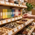 Exploring mad-hatter-incense at a cozy herbal shop filled with aromatic blends.