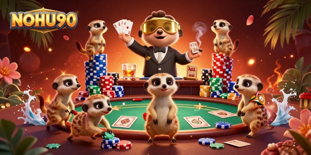 Engage with NOHU90's thrilling casino scene featuring meerkats at a vibrant poker table, rich with action.