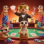 Engage with NOHU90's thrilling casino scene featuring meerkats at a vibrant poker table, rich with action.