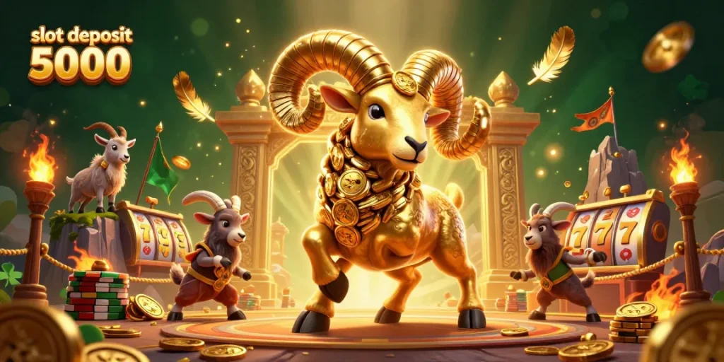 Slot deposit 5000 dengan ilustrasi 3D karakter domba emas yang beraksi di arena permainan slot