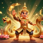 Jouez dans un casino en ligne sans KYC avec des gardiens thaïs et des serpents Naga entourés de jetons d'or.