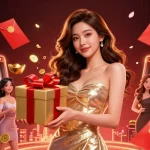 Experience exhilarating gaming with ufo777, showcasing a glamorous Asian woman in a festive casino scene surrounded by rich symbols of fortune.