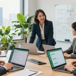 Engaged team using WhatsApp網頁版 on laptops for effective collaboration in a modern office