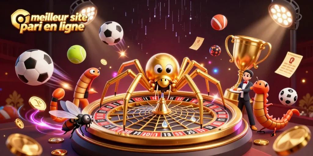 Parier sur le meilleur site de paris en ligne avec une araignée dorée créant un réseau, des ballons de sport et des éléments de paris.