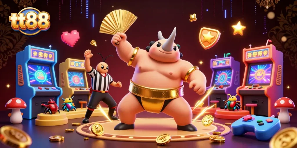Join the excitement at tt88 as a beetle champion stomps coins in this vibrant casino scene.