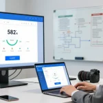 Age verification system showcased in a modern office with analytics and professional setup.