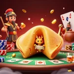 Gagnez à votre casino crypto sans KYC avec ce dragon sage, entouré de jeux de cartes.
