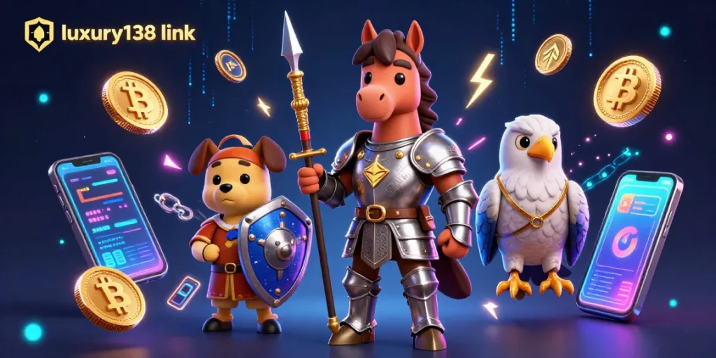 Engage with luxury138 link in a vibrant casino scene featuring knight, puppy, and falcon amid crypto elements.