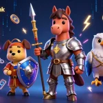 Engage with luxury138 link in a vibrant casino scene featuring knight, puppy, and falcon amid crypto elements.
