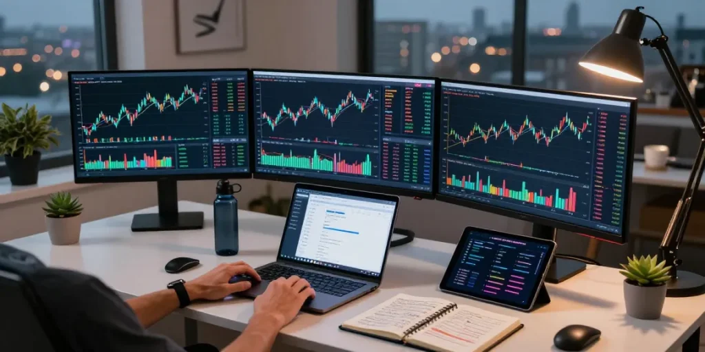 Cricbet99 cryptocurrency trading workspace with multiple monitors and charts for live market analysis.