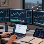 Cricbet99 cryptocurrency trading workspace with multiple monitors and charts for live market analysis.