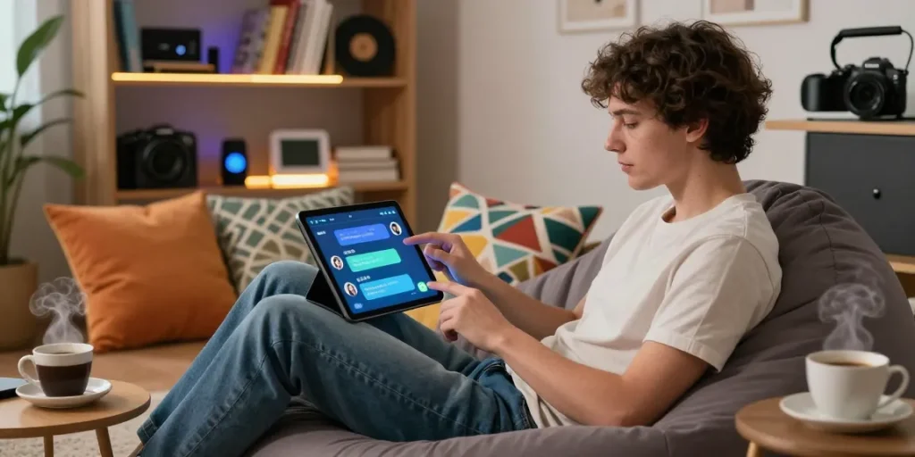 Interactive scene of nsfw ai chat with a young adult using a tablet in a cozy virtual space