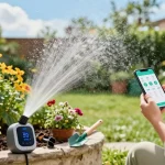 Effortlessly watering vibrant garden with rainpoint sprinkler timer on display and gardener using smartphone app.