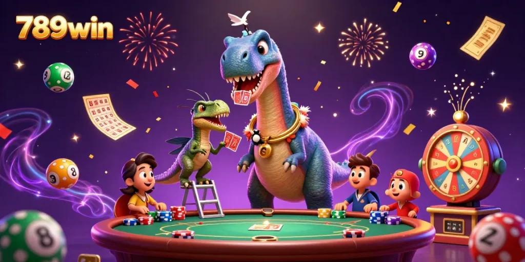 Engage with the vibrant 789win casino scene featuring a playful dinosaur theme with dynamic lottery elements.