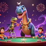 Engage with the vibrant 789win casino scene featuring a playful dinosaur theme with dynamic lottery elements.