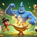 Bet on parlay skor88 with a lively depiction of a genie and sports elements illustrating vibrant betting excitement.