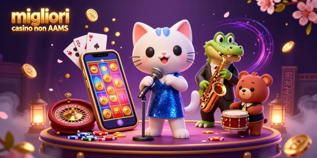 Migliori casino non AAMS mostra un'illustrazione 3D vibrante con un gatto jazz, un coccodrillo e un cucciolo d'orso tra elementi di gioco entusiasmanti.