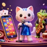 Migliori casino non AAMS mostra un'illustrazione 3D vibrante con un gatto jazz, un coccodrillo e un cucciolo d'orso tra elementi di gioco entusiasmanti.