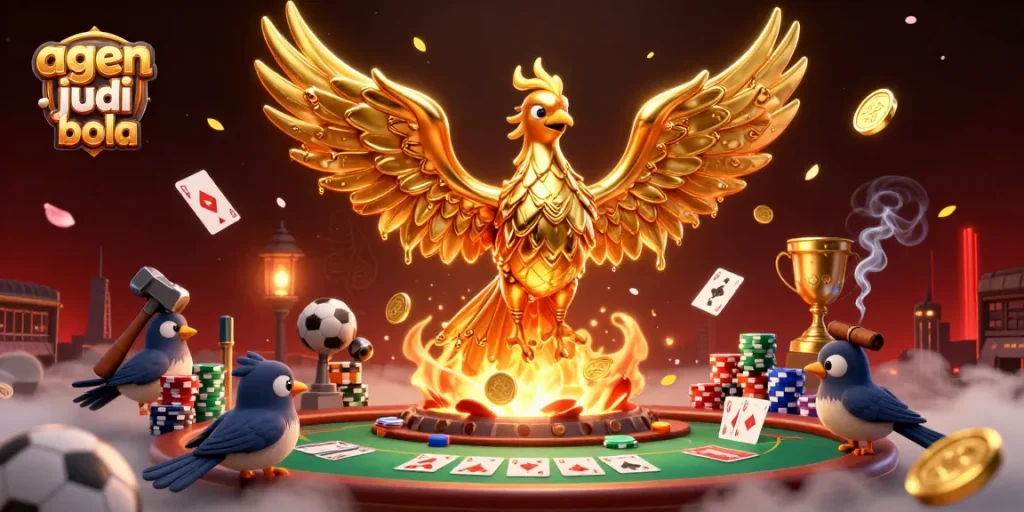 Experience the thrill of agen judi bola as a golden phoenix rises amidst sports betting elements and lavish casino decor.
