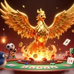 Experience the thrill of agen judi bola as a golden phoenix rises amidst sports betting elements and lavish casino decor.