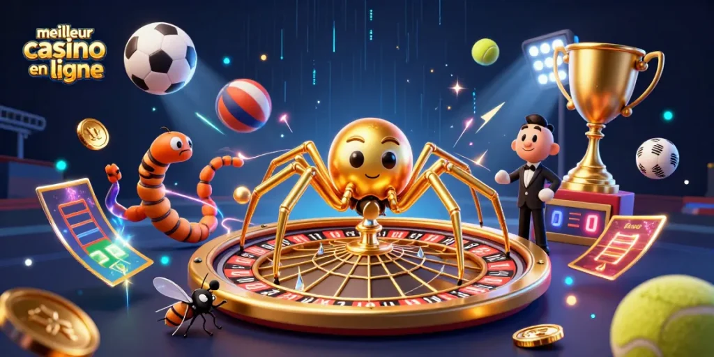 Parier avec le meilleur casino en ligne lors de cette scène dynamique avec une araignée dorée.