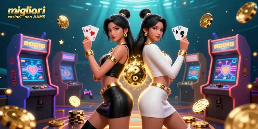 Migliori casino non AAMS: Illustrazione straordinaria che mostra due donne asiatiche con carte in un vivace scenario di casino.