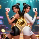 Migliori casino non AAMS: Illustrazione straordinaria che mostra due donne asiatiche con carte in un vivace scenario di casino.