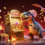 Jackpot gagnant au meilleur casino en ligne, illustré par un dinosaure et un gestionnaire paniqué