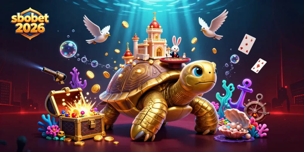 Engage with sbobet 2026 through a vibrant 3D illustration showcasing a golden tortoise casino and a rabbit dealer amidst floating playing cards.