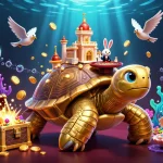 Engage with sbobet 2026 through a vibrant 3D illustration showcasing a golden tortoise casino and a rabbit dealer amidst floating playing cards.