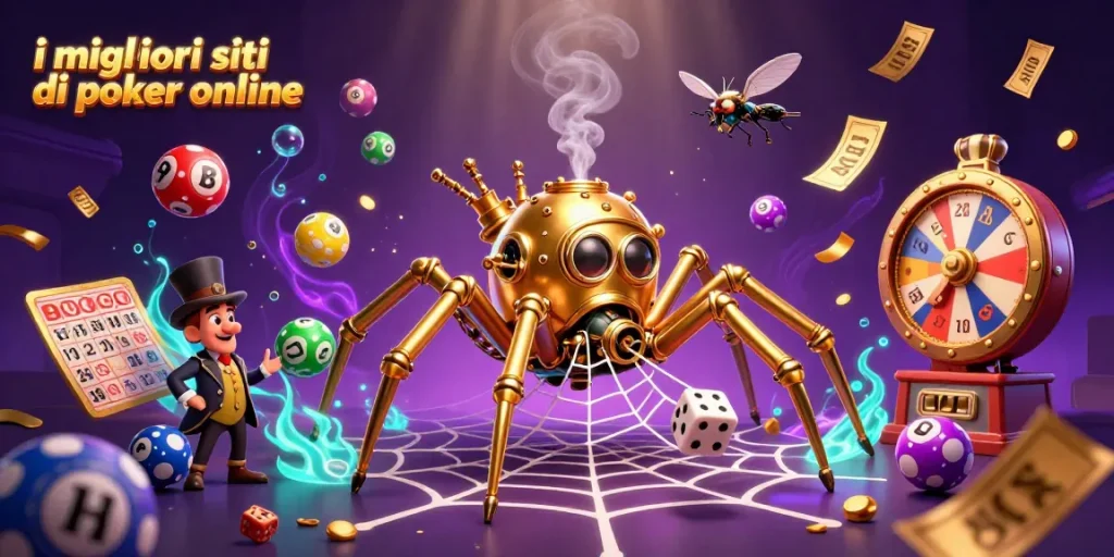 Scopri i migliori siti di poker online con un'illustrazione 3D ricca di elementi e colori vivaci.
