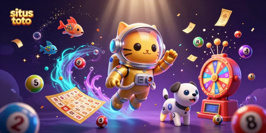 Experience the thrill of situs toto with vibrant lottery elements and dynamic gaming characters in an exciting online casino scene.