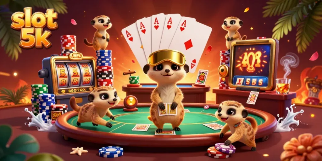 Experience thrilling slot 5k action in a cartoon casino with meerkats, chips, and jackpot excitement.