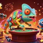 Experience thrilling action with shbet's dynamic chameleon casino owner surrounded by exciting game elements.