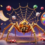 I migliori casino online presentano un'illustrazione 3D vivace con una ragnatela dorata e giochi d'azzardo dinamici.