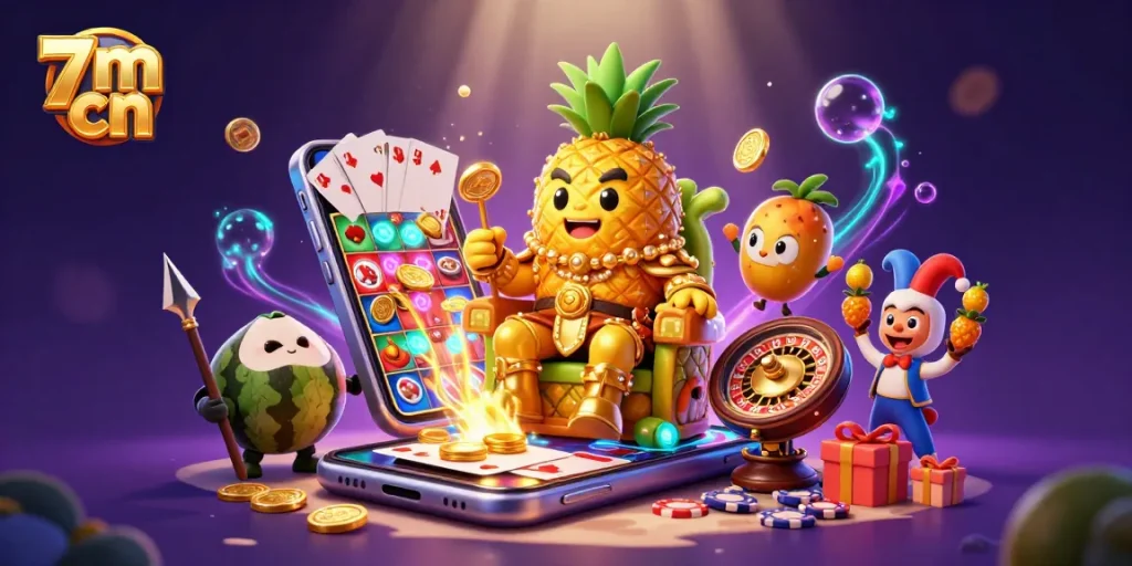 Engage with live betting action on 7m cn featuring a golden pineapple king and colorful casino elements.
